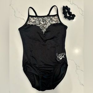 GK elite gymnastics leotard with rhinestone detail and matching scrunchie